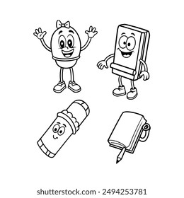 A black-and-white vector illustration featuring eight different school supplies as
animated character