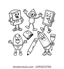 A black-and-white vector illustration featuring eight different school supplies as
animated character