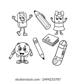 A black-and-white vector illustration featuring eight different school supplies as
animated character