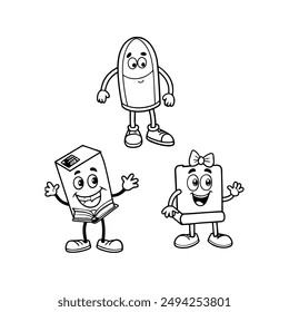 A black-and-white vector illustration featuring eight different school supplies as
animated character