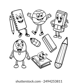 A black-and-white vector illustration featuring eight different school supplies as
animated character
