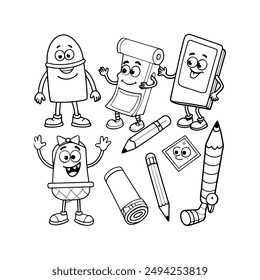 A black-and-white vector illustration featuring eight different school supplies as
animated character