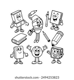 A black-and-white vector illustration featuring eight different school supplies as
animated character