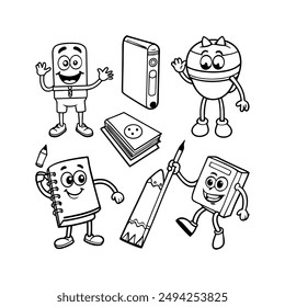 A black-and-white vector illustration featuring eight different school supplies as
animated character