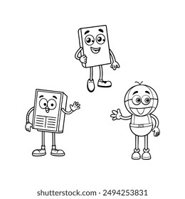 A black-and-white vector illustration featuring eight different school supplies as
animated character