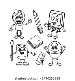 A black-and-white vector illustration featuring eight different school supplies as
animated character
