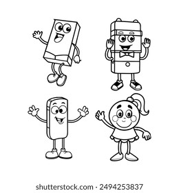 A black-and-white vector illustration featuring eight different school supplies as
animated character
