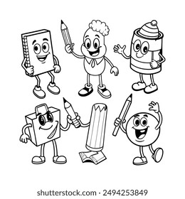 A black-and-white vector illustration featuring eight different school supplies as
animated character