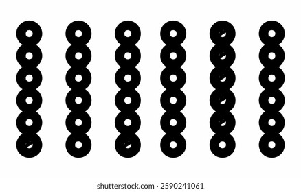 a black-and-white vector illustration featuring vertical columns of stacked circular rings, resembling a stylized chain or beaded design.