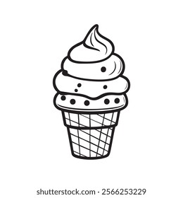 Black-and-white vector illustration of an ice cream cone with decorative dots and a waffle cone design.