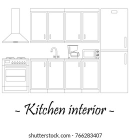 Black-and-white vector illustration of a kitchen interior.