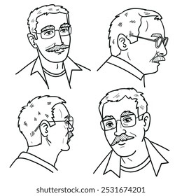 Ilustração vetorial em preto-e-branco de um homem com óculos e bigode em múltiplos ângulos. Ideal para retratos, design de caracteres ou desenhos técnicos.