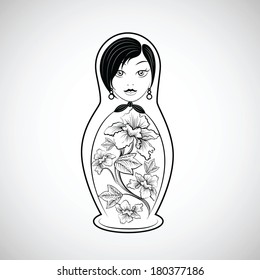 Black-and-white vector illustration. Matreshka