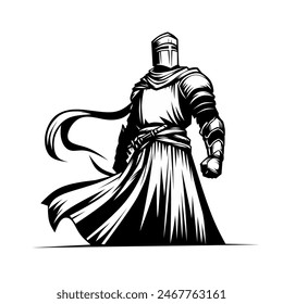 Black-and-white vector illustration of a medieval knight in full armor with a cloak, standing heroically. Detailed line work emphasizes the knight's strength and historical fantasy theme.