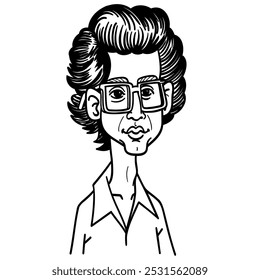 Ilustración vectorial en blanco y negro de una caricatura nerd en estilo cómico, perfecta para proyectos de tecnología, educación y cultura pop.