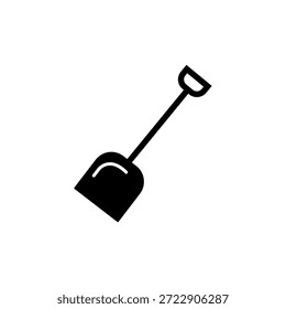 Ilustração vetorial em preto-e-branco de uma pá com lâmina plana e aderência em forma de D. O design simples e limpo o torna ideal para ícones, logotipos, sinalização, jardinagem, construção e arte relacionada a ferramentas.