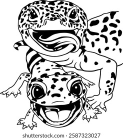 Black-and-white vector illustration of two smiling geckos with spotted patterns. Playful and expressive reptile artwork, perfect for tattoo designs, stickers, wildlife themes, and exotic pet lovers.