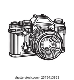 Black-and-white vector illustration of a vintage DSLR camera, showcasing intricate retro design details, ideal for photography or artistic themes.
