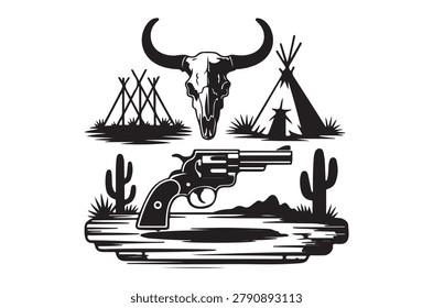 a black-and-white vector illustration of a western scene featuring a skull, revolver, teepee, and cactus silhouettes.