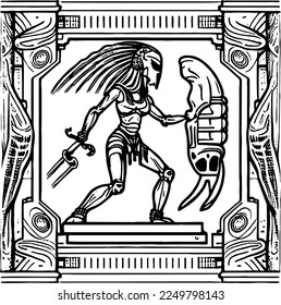 a black  and  white vector image single curve  based the Alien vs Predator universe  an element fresco engraving from an old book
