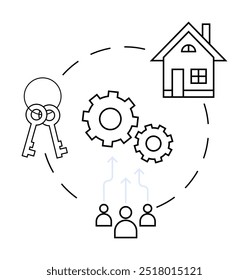 Vetor preto-e-branco de chaves, uma casa, engrenagens, e três pessoas conectadas por setas. Ideal para imóveis, compras domésticas, gerenciamento de propriedades, trabalho em equipe e automação de processos. Estilo gráfico simples.