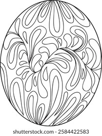 black-and-white vector line art featuring  easter egg with intricate swirling patterns. Organic, fluid curves create a hypnotic, psychedelic effect. Ideal for coloring books, backgrounds, Easter