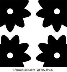 a black-and-white vector pattern featuring abstract floral shapes with circular centers, arranged in a symmetrical and repetitive design.