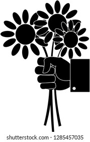 Black-and-white vector picture bouquet of daisy flowers in a hand