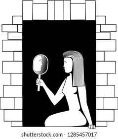 Black-and-white vector picture a girl sitting on a window and looking in a mirror