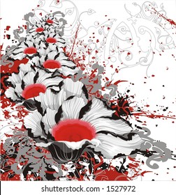 black-and-white vector poppies with red centers,  for raster version view my portfolio