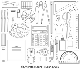 Black-and-white vector set of office supplies.