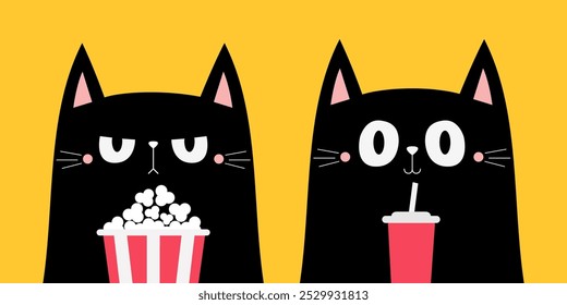 Conjunto de Blackat. Palomitas de maíz, vaso de refresco con paja. Gatito en 3D viendo la película. Cine y teatro. Lindo personaje de dibujos animados. Espectáculo de cine. Impresión de la etiqueta engomada de los niños. Estilo infantil. Fondo amarillo. Vector de diseño plano