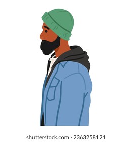 Black-bearded Man Character with Brown Skin and Hipster Clothes Stands In Profile, His Features Chiseled In Determined Silhouette, Exuding An Air Of Quiet Strength. Cartoon People Vector Illustration