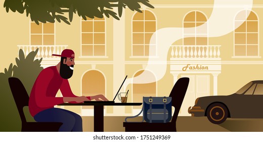 The black-bearded programmer with laptop in a downtown cafe works remotely. Vector illustration.