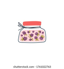 Blackberries in glass jar with pink lid. Cartoon berry jam. Flat vector illustration for posters, cards, t-shirt design, stickers.