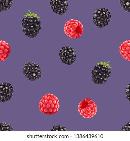 Blackberries and raspberries seamless pattern. 3d realistic vector berries on violet background.