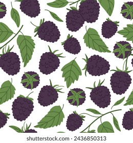 Blackberries seamless pattern. Forest blackberry endless design, fresh berry for healthy nutrition flat vector background illustration. Hand drawn blackberry pattern