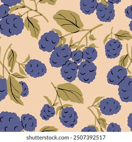 Blackberries nahtloses Muster auf beigem Hintergrund. Vektorgrafik