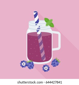 Blackberries smoothie in mason jar glass, flat design