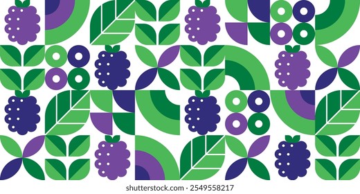 Blackberry. Abstract geometric seamless pattern. Leaves and berries.Set of icons in simple flat style. Elements isolated on a white background. Vector illustration.