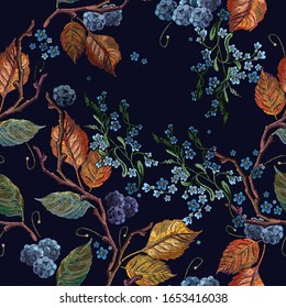 Blackberry, autumn leaves and blue meadows flowers seamless pattern. Harvest concept. Embroidery fashion art, template for design of clothes, t-shirt 