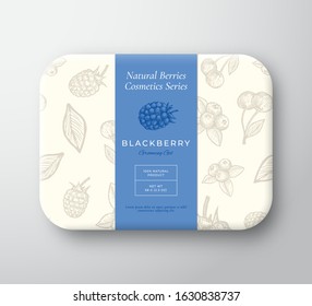 Blackberry Bath Cosmetics Package Box. Abstract Vector Wrapped Paper Container with Label Cover. Packaging Design. Modern Typography and Hand Drawn Berries Background Pattern Layout. Isolated.