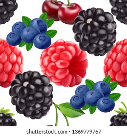Blackberry blueberry cherry and raspberry seamless pattern. 3d realistic vector berries.