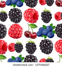 Blackberry blueberry cherry and raspberry seamless pattern. 3d realistic vector berries. Food background.