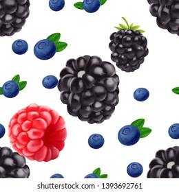 Blackberry blueberry and raspberry seamless pattern. 3d realistic vector berries.