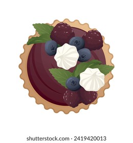 Blackberry and blueberry tart pie with berries, mint and meringue. Baking, bakery shop, cooking, sweet food, dessert, pastry concept. Vector illustration for poster, banner, cover, card menu, postcard