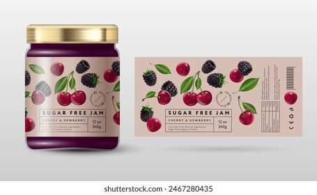 Blackberry and Cherry jam. Jam for a healthy diet sugar free. Ripe berries and frames with text on a light background.