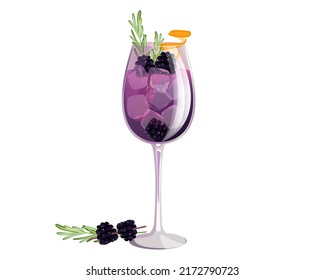 Blackberry cocktail. Summer refreshing drink with rosemary, ice cubes and blackberries.Blackberry cocktail in a wine glass.