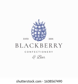 Blackberry Confectionary Abstract Vector Sign, Symbol or Logo Template. Hand Drawn Black Berry Sketch Sillhouette with Elegant Retro Typography. Vintage Luxury Emblem. Isolated.