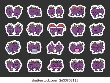Blackberry couple character set featuring happy hugs, adorable gift, festive parties, delicious desserts, cozy winter days, and cheerful celebrations of love and friendship